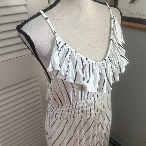 EXPRESS Womens Dress Large High Low Black White Stripe Ruffle Cutout Summer Chic - Picture 4 of 11